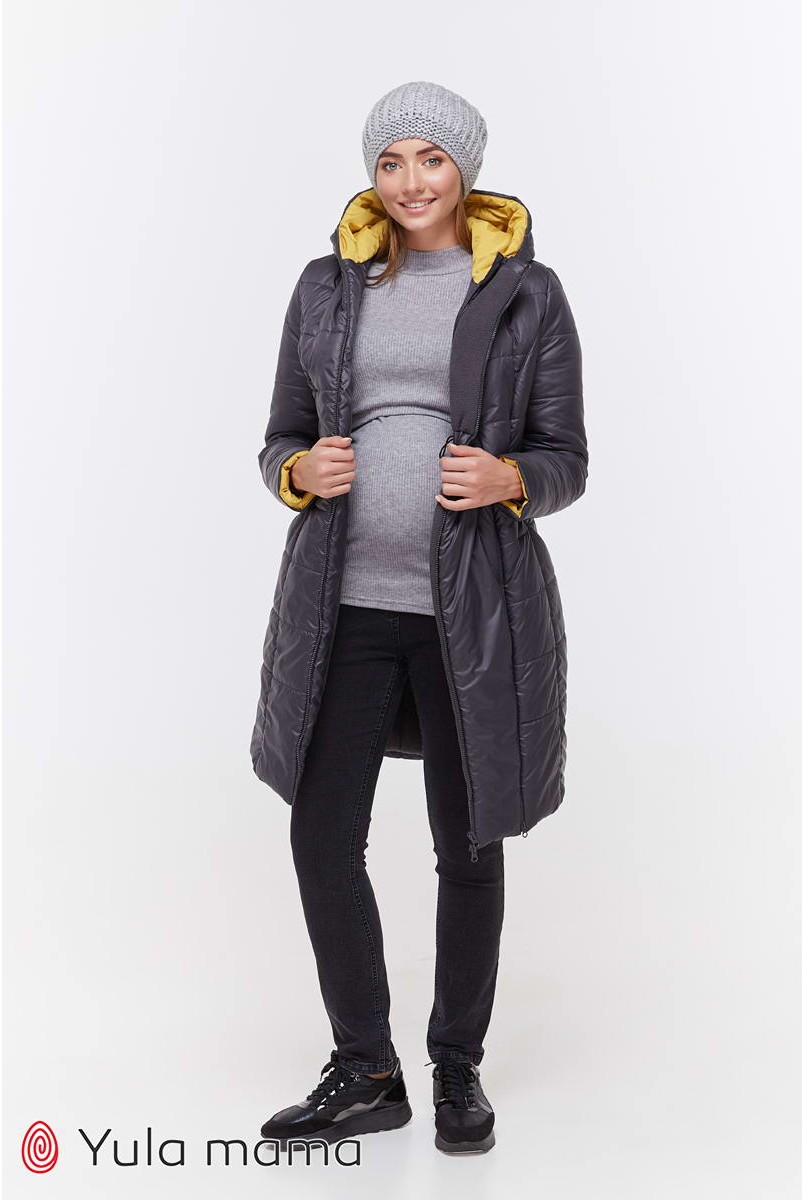 Зимнее теплое пальто Mariet графит с горчицей для беременных