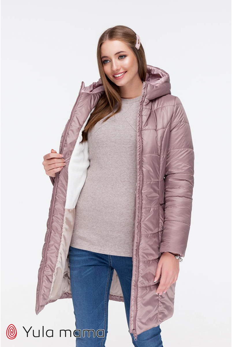 Зимнее теплое пальто Mariet бежевый с пудрой для беременных