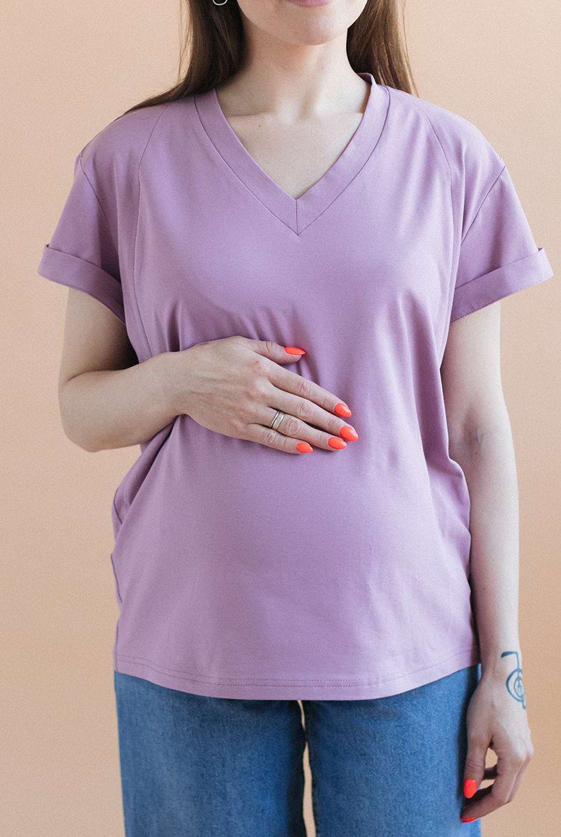 Футболка с V-образным вырезом для беременных и кормления Розовая