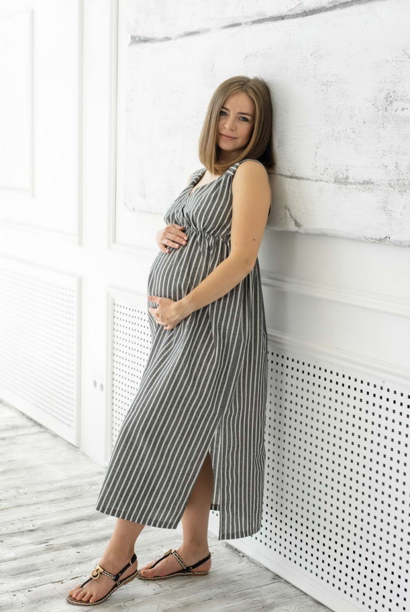Льняной сарафан San Diego серый в белую полоску для беременных и кормления