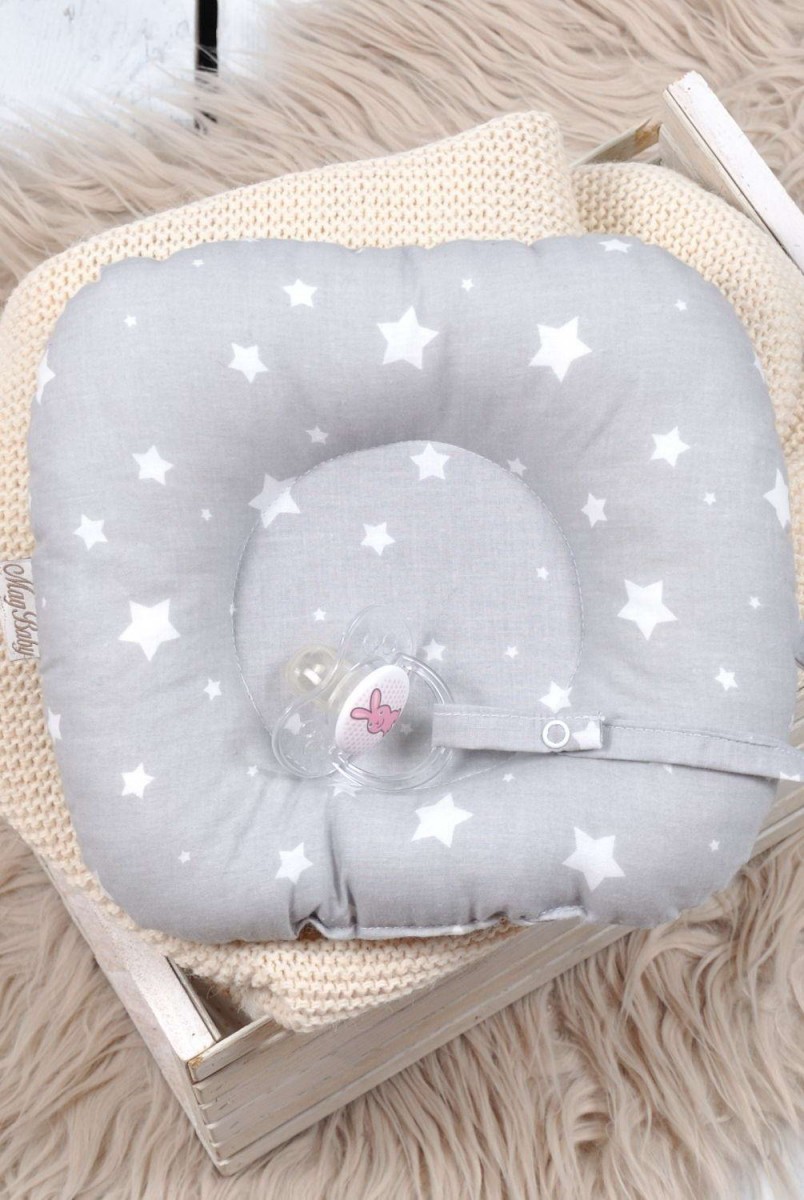 Дитяча подушка для новонароджених з тримачем Білі зірки на сірому