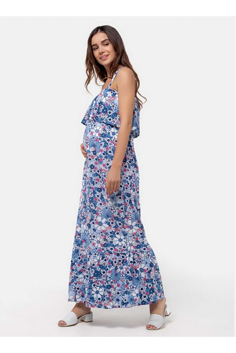 Сарафан длинный с воланом для беременных и кормящих blue