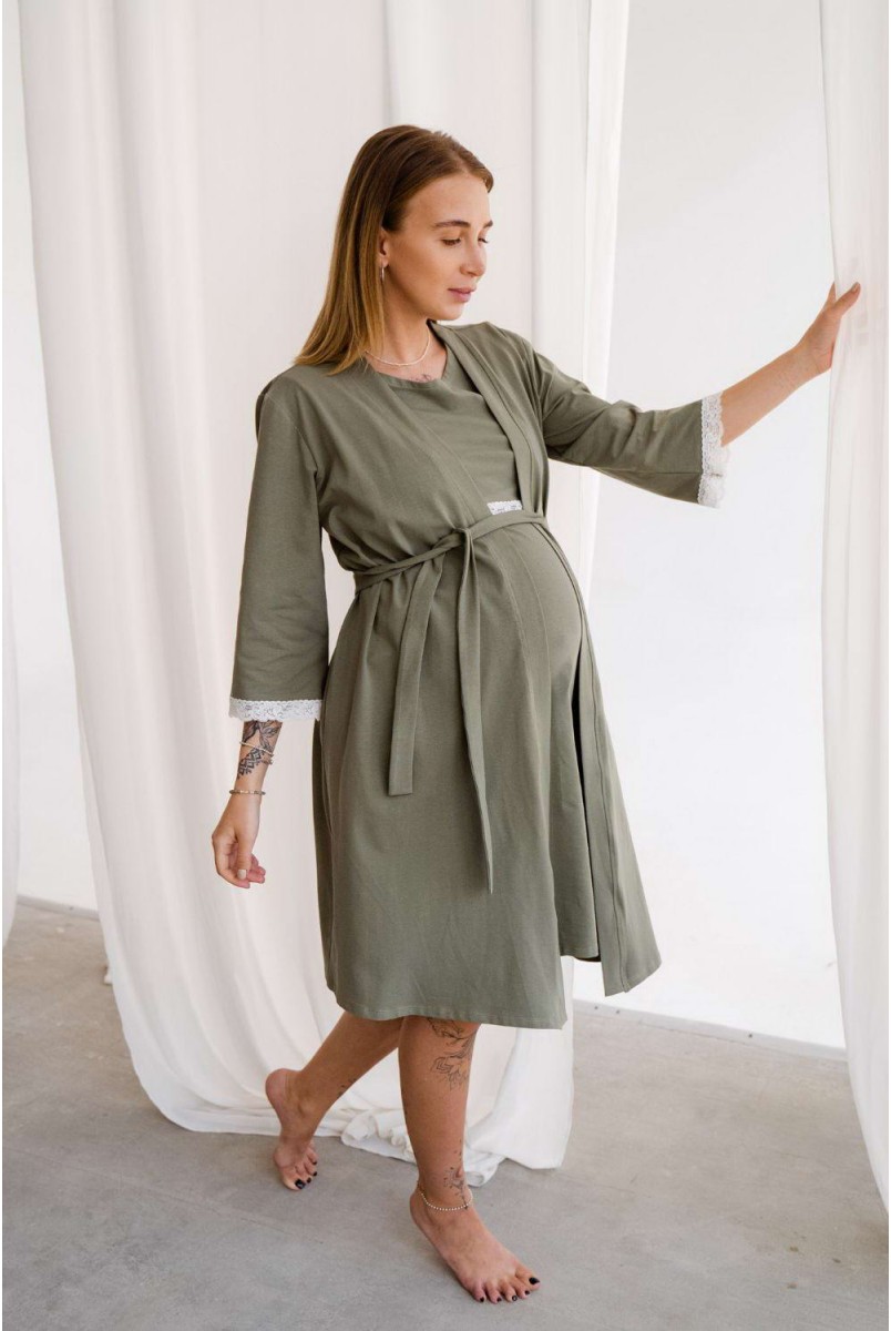 Комплект 4299041 (сорочка + халат) хаки для беременных и кормления