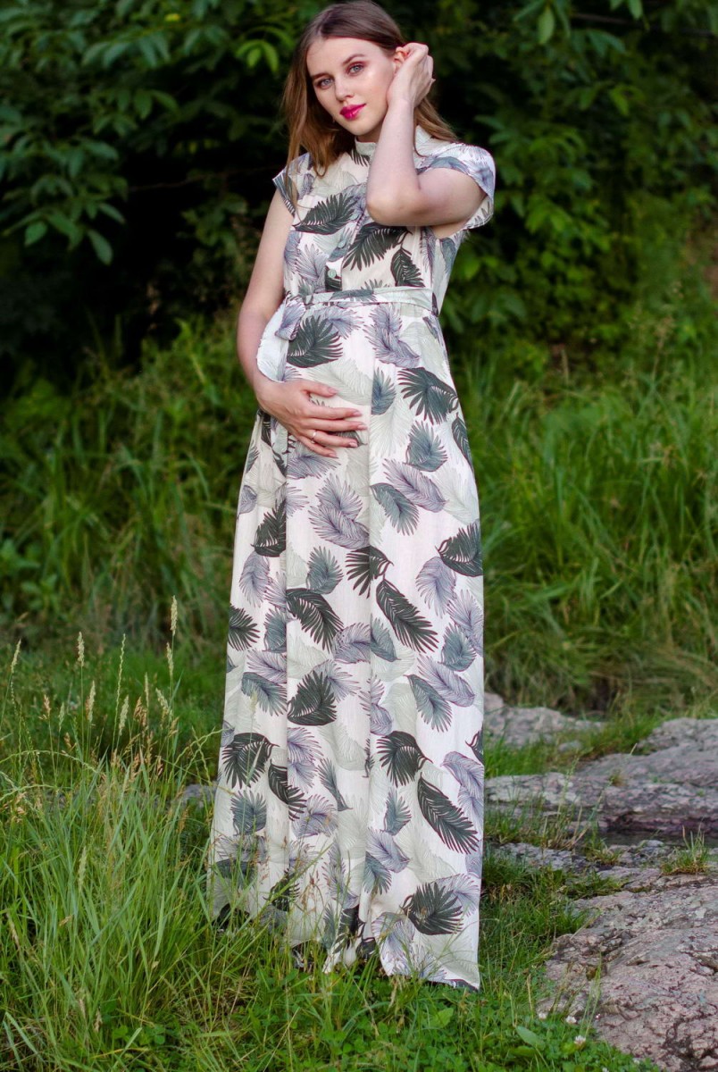 Платье Ариша темно-оливковые листья на молочном фоне для беременных и кормления