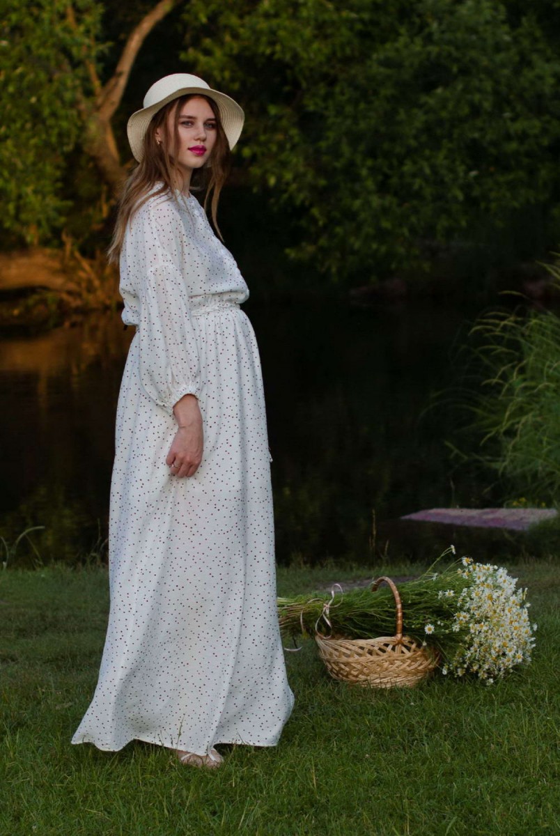 Платье LALUNA белый в черный горошек для беременных и кормления