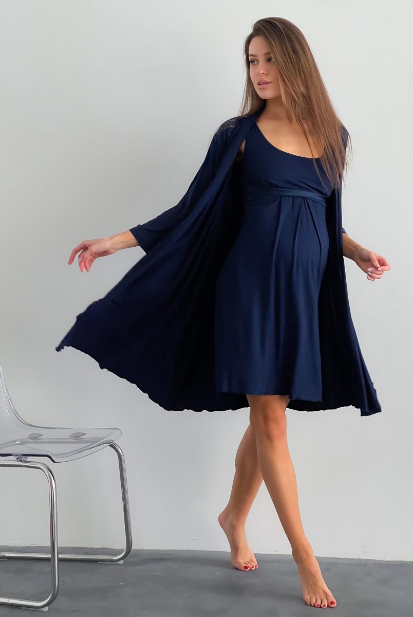 Комплект Lace темно-синий (халат + ночная рубашка) для беременных и кормящих