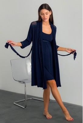 Комплект Lace темно-синій (халат + нічна сорочка) для вагітних і годування