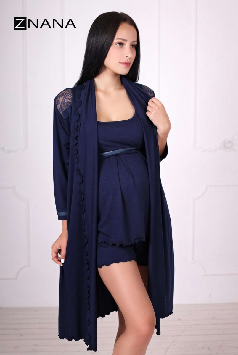 Комплект Lace темно-синий (халат + пижама) для беременных и кормящих