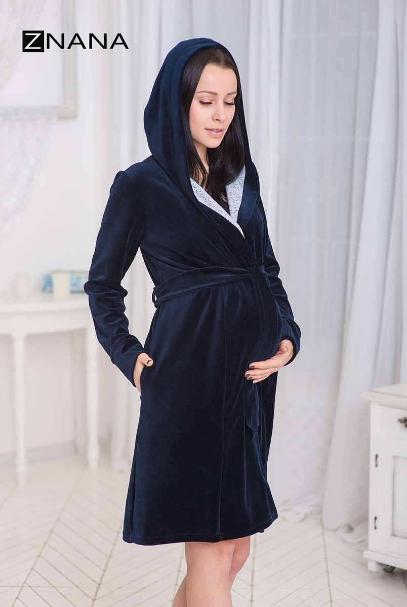Халат Care с капюшоном велюровый темно-синий  для беременных и кормящих