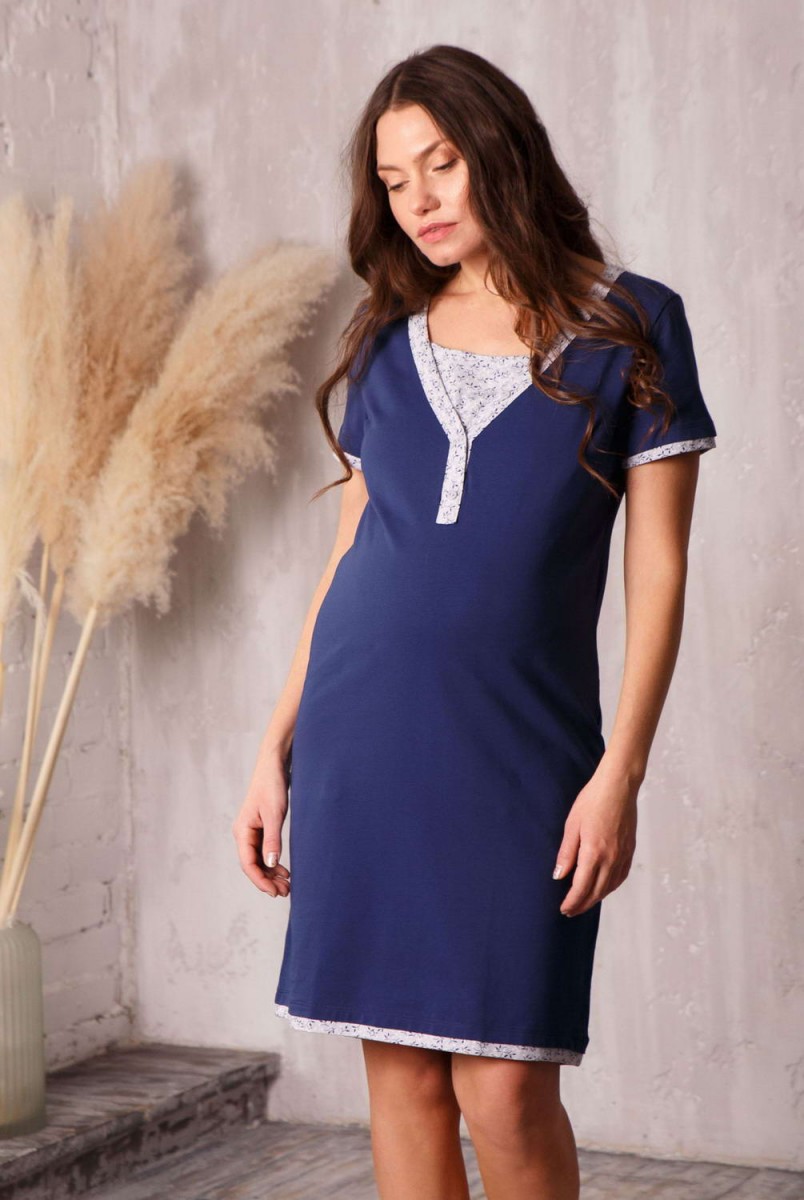 Комплект Care т.синій (халат велюровий з капюшоном + нічна сорочка) для вагітних і годування